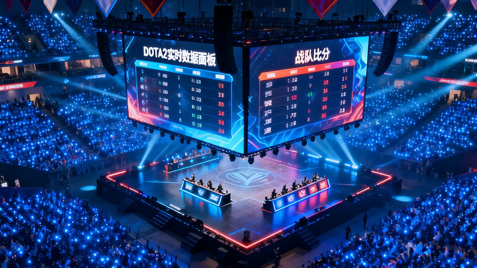 电竞比赛现场俯拍视角，舞台中央巨型LED屏幕显示DOTA2实时数据面板和战队比分，观众席蓝色灯海璀璨闪耀，空中悬挂着多支战队旗帜，灯光效果渲染出浓烈的竞技氛围