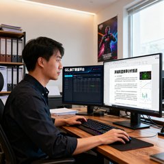 一位电竞媒体资深编辑在新闻编辑室中工作，电脑屏幕上同时打开着GG.BET数据平台和正在撰写的英雄联盟赛事分析报道文档